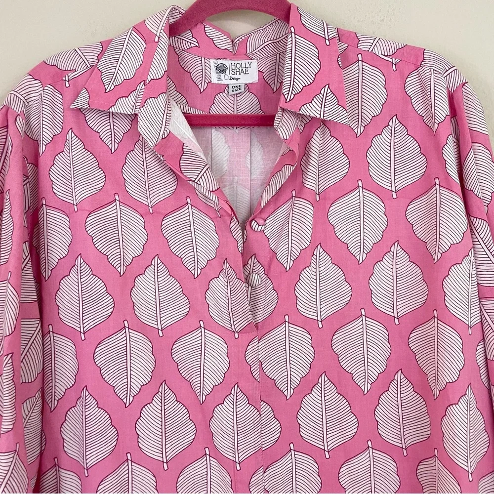 Holly Shae Pink Leaf Print Hand Block Cotton Shift Dress  One Size - Picture 5 of 8